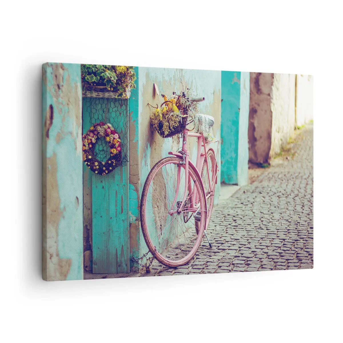 Quadro su tela - Stampe su Tela - Una bicicletta rosa vicino a una porta turchese - 70x50cm - Torno subito - Decorazione murale moderna per soggiorno e camera da letto ARTTOR
