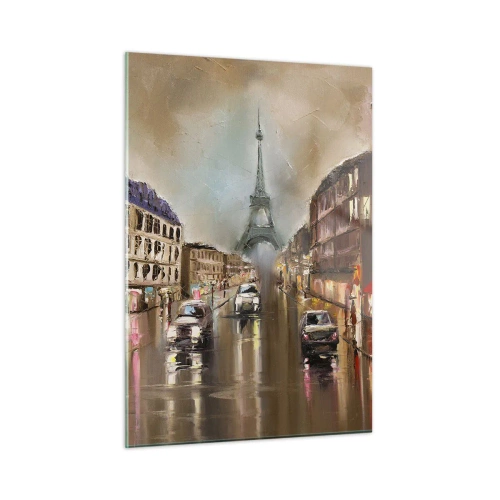 Quadro su vetro - Strada serale di Parigi con vista sulla Torre Eiffel - 50x70cm - Conta solo lei - Decorazione murale moderna per soggiorno e camera da letto ARTTOR