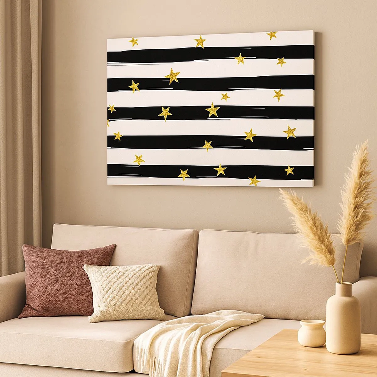 Quadro su tela - Stampe su Tela - Strisce bianche e nere con stelle dorate - 70x50cm - Siamo tutti nati sotto una buona stella - Decorazione murale moderna per soggiorno e camera da letto ARTTOR