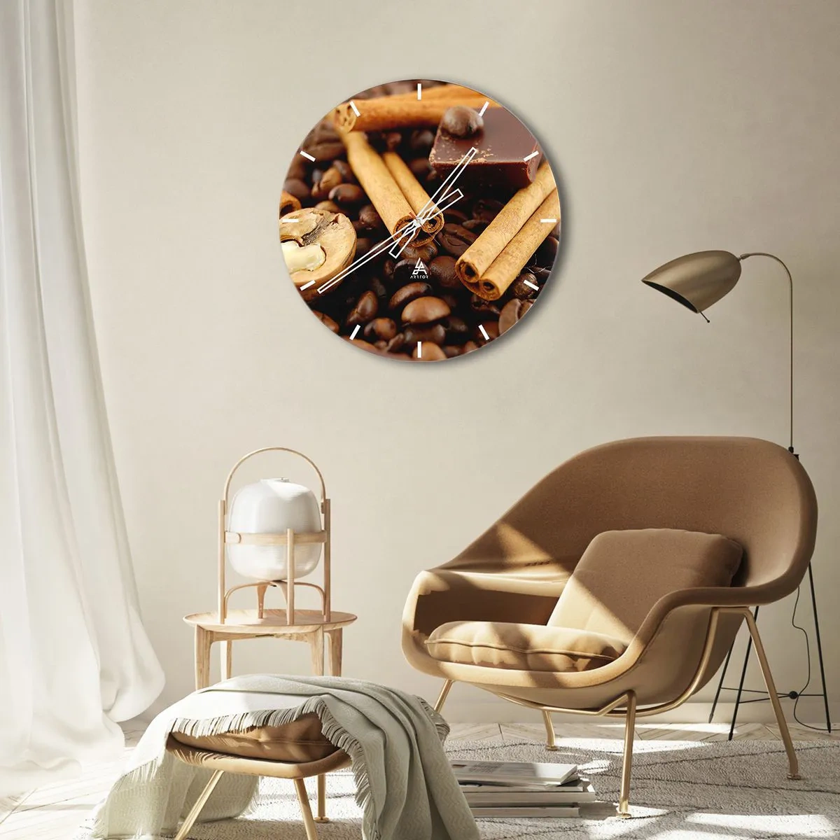 Orologio da parete - Orologio in Vetro - Chicchi di caffè, cannella e pezzi di cioccolato - 30x30cm - Concerto di sapori - Decorazione murale moderna per soggiorno, cucina e camera da letto ARTTOR