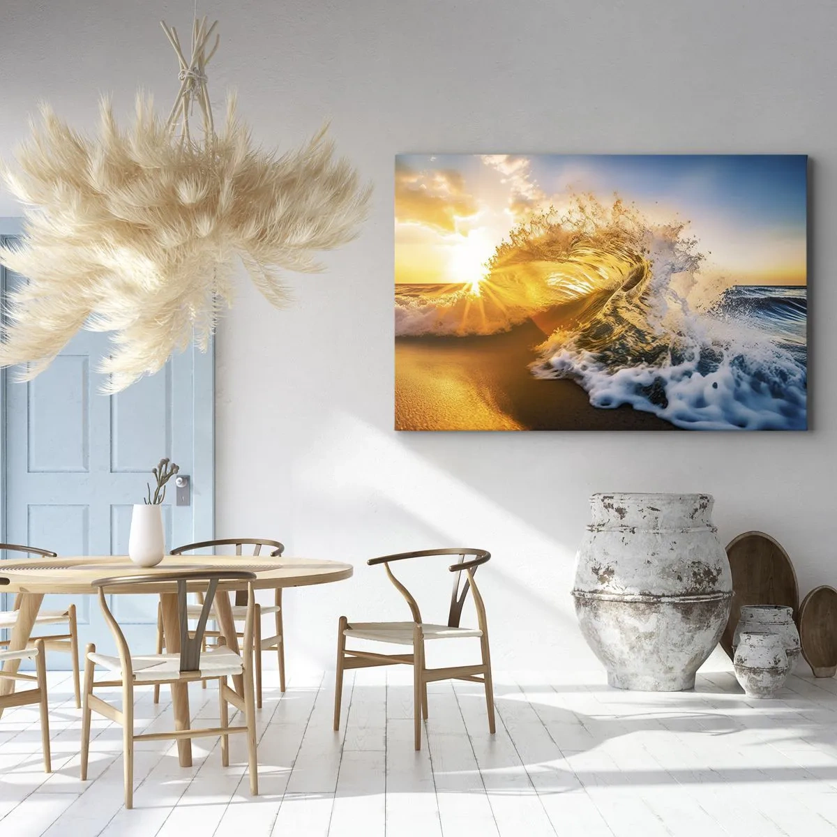 Quadro su tela - Stampe su Tela - Un'onda dorata sullo sfondo del sole al tramonto - 120x80cm - Gioco sulla sabbia - Decorazione murale moderna per soggiorno e camera da letto ARTTOR