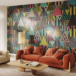 Fotomurali Premium Canvas - Motivo geometrico colorato con triangoli e linee - 100x70cm - Al ritmo di tre - Decorazione murale moderna per soggiorno e camera da letto ARTTOR