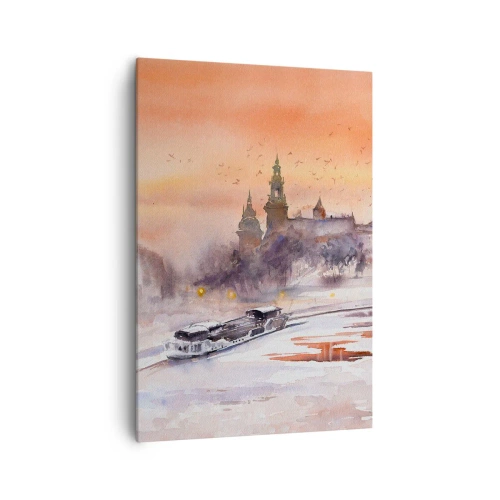 Quadro su tela - Stampe su Tela - Tramonto sul castello in uno scenario invernale - 70x100cm - Tramonto reale - Decorazione murale moderna per soggiorno e camera da letto ARTTOR