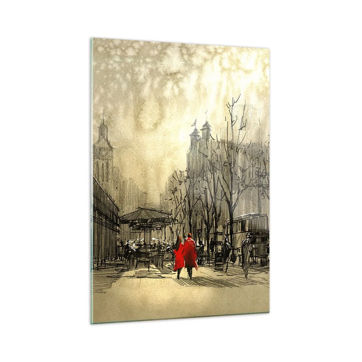 Quadro su vetro - Un appuntamento nella nebbia londinese con un tocco di cappotto rosso - 50x70cm - Appuntamento nella nebbia di Londra  - Decorazione murale moderna per soggiorno e camera da letto ARTTOR