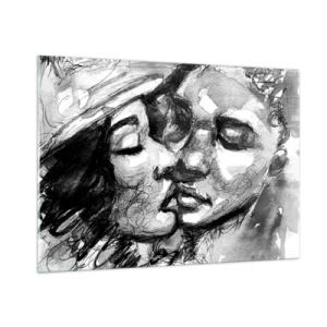 Quadro su vetro - Schizzo in bianco e nero di un tenero bacio - 100x70cm - Un attimo di tenerezza - Decorazione murale moderna per soggiorno e camera da letto ARTTOR