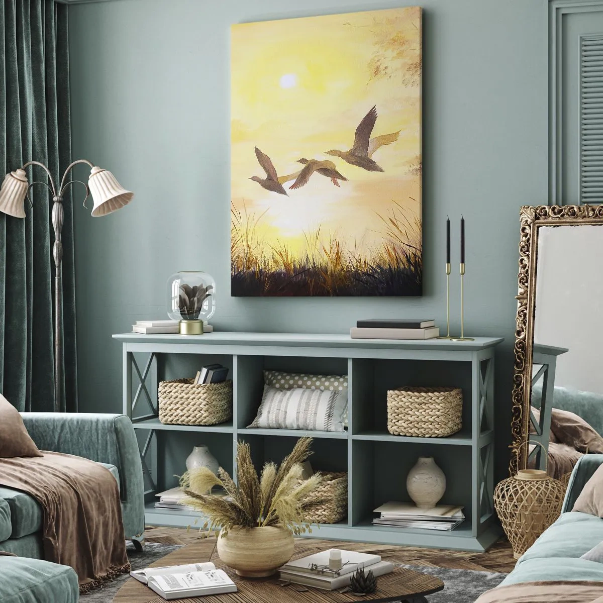 Quadro su tela - Stampe su Tela - Anatre che volano all'alba sul lago - 70x100cm - L'inizio di un lungo viaggio - Decorazione murale moderna per soggiorno e camera da letto ARTTOR