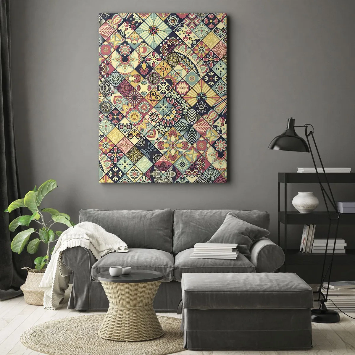 Quadro su tela - Stampe su Tela - Motivi geometrici colorati ispirati allo stile marocchino - 80x120cm - L'atmosfera del Marocco - Decorazione murale moderna per soggiorno e camera da letto ARTTOR