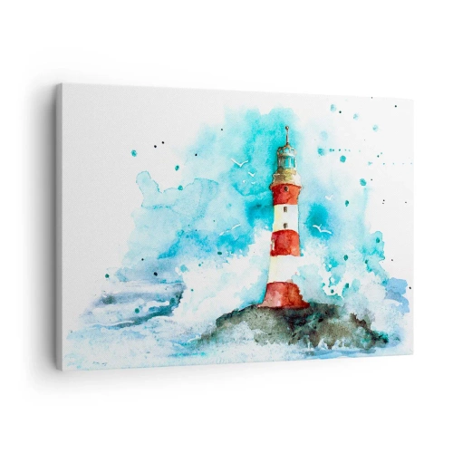 Quadro su tela - Stampe su Tela - Un faro in un ambiente acquerello con uno sfondo blu - 70x50cm - L'unità dei quattro elementi - Decorazione murale moderna per soggiorno e camera da letto ARTTOR