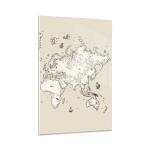 Quadro su vetro - Una mappa stilizzata del mondo nei toni del beige e del marrone. - 80x120cm - Il viaggio attorno al mondo - Decorazione murale moderna per soggiorno e camera da letto ARTTOR