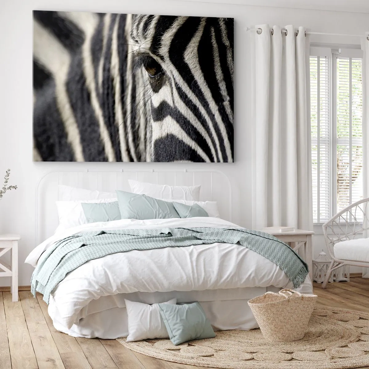 Quadro su tela - Stampe su Tela - Primo piano dell'occhio di una zebra con strisce bianche e nere - 70x50cm - Ritratto a strisce - Decorazione murale moderna per soggiorno e camera da letto ARTTOR