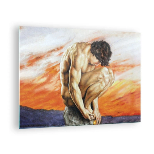 Quadro su vetro - Un corpo umano nudo contro un cielo di un arancione intenso. - 70x50cm - Immerso in se stesso - Decorazione murale moderna per soggiorno e camera da letto ARTTOR