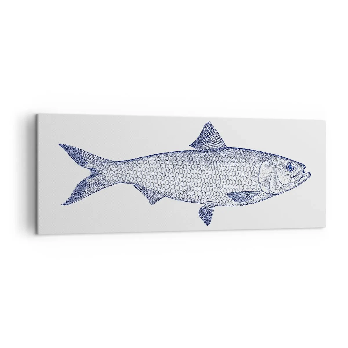 Quadro su tela - Stampe su Tela - Illustrazione di un pesce nei toni del blu su uno sfondo chiaro - 140x50cm - Un saluto dai mari del nord - Decorazione murale moderna per soggiorno e camera da letto ARTTOR