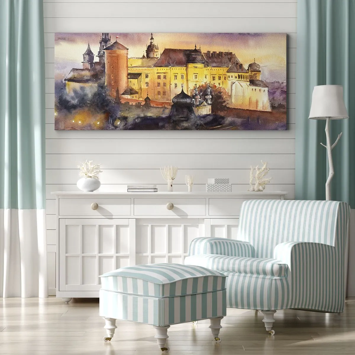 Quadro su tela - Stampe su Tela - Un pittoresco dipinto ad acquerello di un castello al tramonto - 120x50cm - Storia e fiaba - Decorazione murale moderna per soggiorno e camera da letto ARTTOR