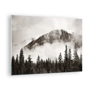 Quadro su vetro - Paesaggio montano con foresta e nebbia nei toni seppia - 70x50cm - Il sovrano di granito - Decorazione murale moderna per soggiorno e camera da letto ARTTOR