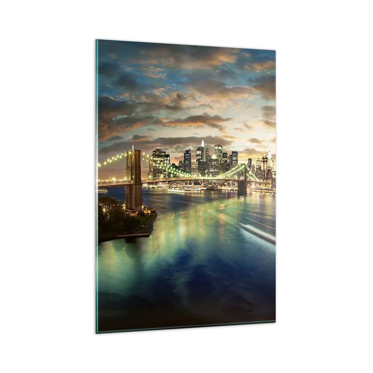 Quadro su vetro - Un ponte illuminato con la città sullo sfondo, con luci riflesse nell'acqua. - 80x120cm - Il cielo luminoso sopra Manhattan - Decorazione murale moderna per soggiorno e camera da letto ARTTOR