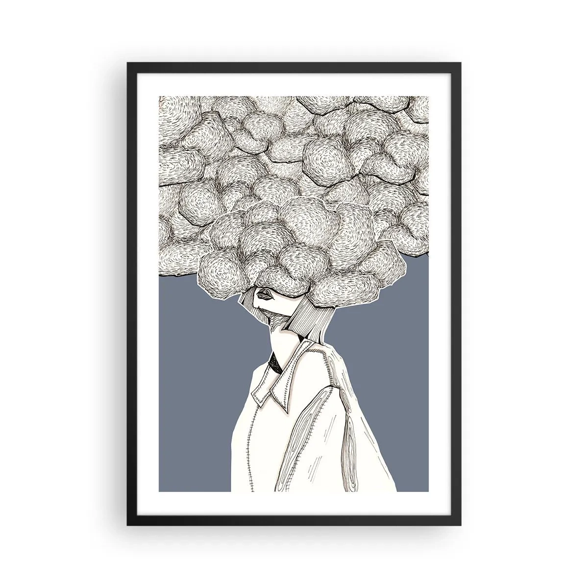 Poster in cornice nera - Una figura con una nuvola al posto della testa, stilizzata in tonalità di grigio. - 50x70cm - Con la testa tra le nuvole - Decorazione murale moderna per soggiorno e camera da letto ARTTOR