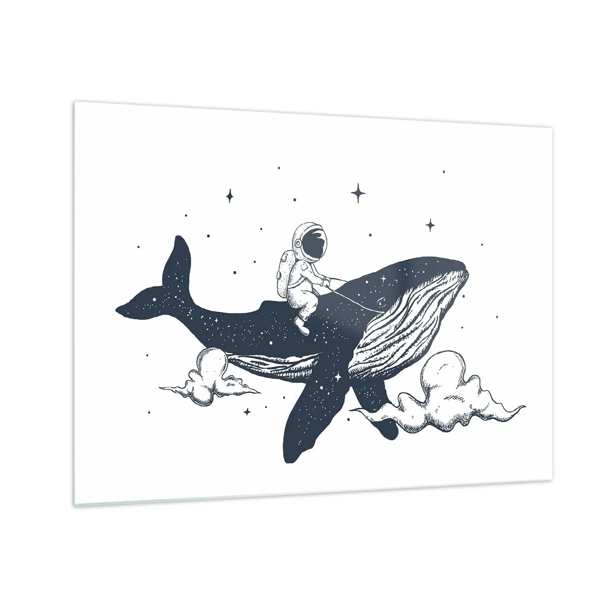 Quadro su vetro - Astronauta a cavallo di una balena tra stelle e nuvole - 70x50cm - Avventura nello spazio - Decorazione murale moderna per soggiorno e camera da letto ARTTOR
