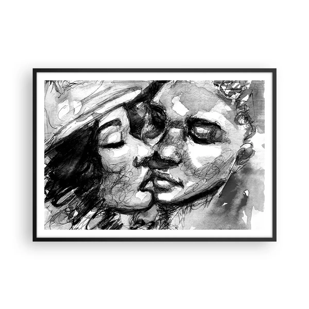 Poster in cornice nera - Un acquerello in bianco e nero che raffigura un momento intimo tra due persone. - 100x70cm - Un attimo di tenerezza - Decorazione murale moderna per soggiorno e camera da letto ARTTOR