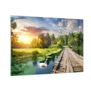 Quadro su vetro - Molo di legno su un lago con un cigno al tramonto - 100x70cm - Estate, estate ovunque - Decorazione murale moderna per soggiorno e camera da letto ARTTOR
