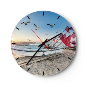 Orologio da parete - Orologio in Vetro - Barca da pesca sulla spiaggia al tramonto con gabbiani che volano - 30x30cm - Meritato riposo - Decorazione murale moderna per soggiorno, cucina e camera da letto ARTTOR