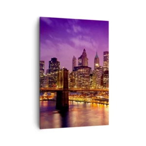 Quadro su tela - Stampe su Tela - Panorama della città con il ponte nella luce della sera contro il cielo viola - 70x100cm - Manhattan in viola e oro - Decorazione murale moderna per soggiorno e camera da letto ARTTOR
