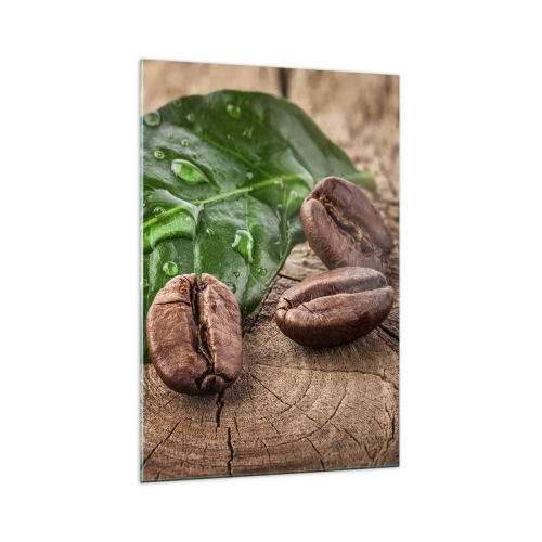 Quadro su vetro - Chicchi di caffè e foglia verde su uno sfondo di legno - 70x100cm - Nero e autentico - Decorazione murale moderna per soggiorno e camera da letto ARTTOR