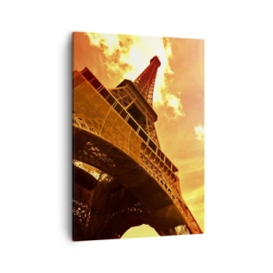 Quadro su tela - Stampe su Tela - La Torre Eiffel contro un cielo dorato durante il tramonto - 50x70cm - Monumentale, perché dorata dal sole - Decorazione murale moderna per soggiorno e camera da letto ARTTOR