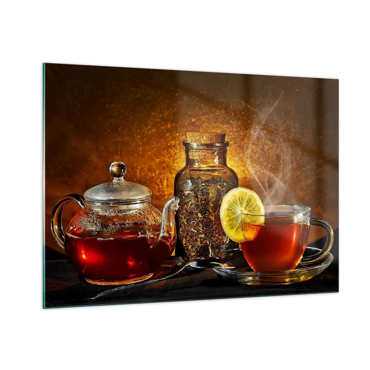 Quadro su vetro - Una teiera di vetro e una tazza di tè al limone - 100x70cm - Nello stile dei maestri olandesi - Decorazione murale moderna per soggiorno e camera da letto ARTTOR
