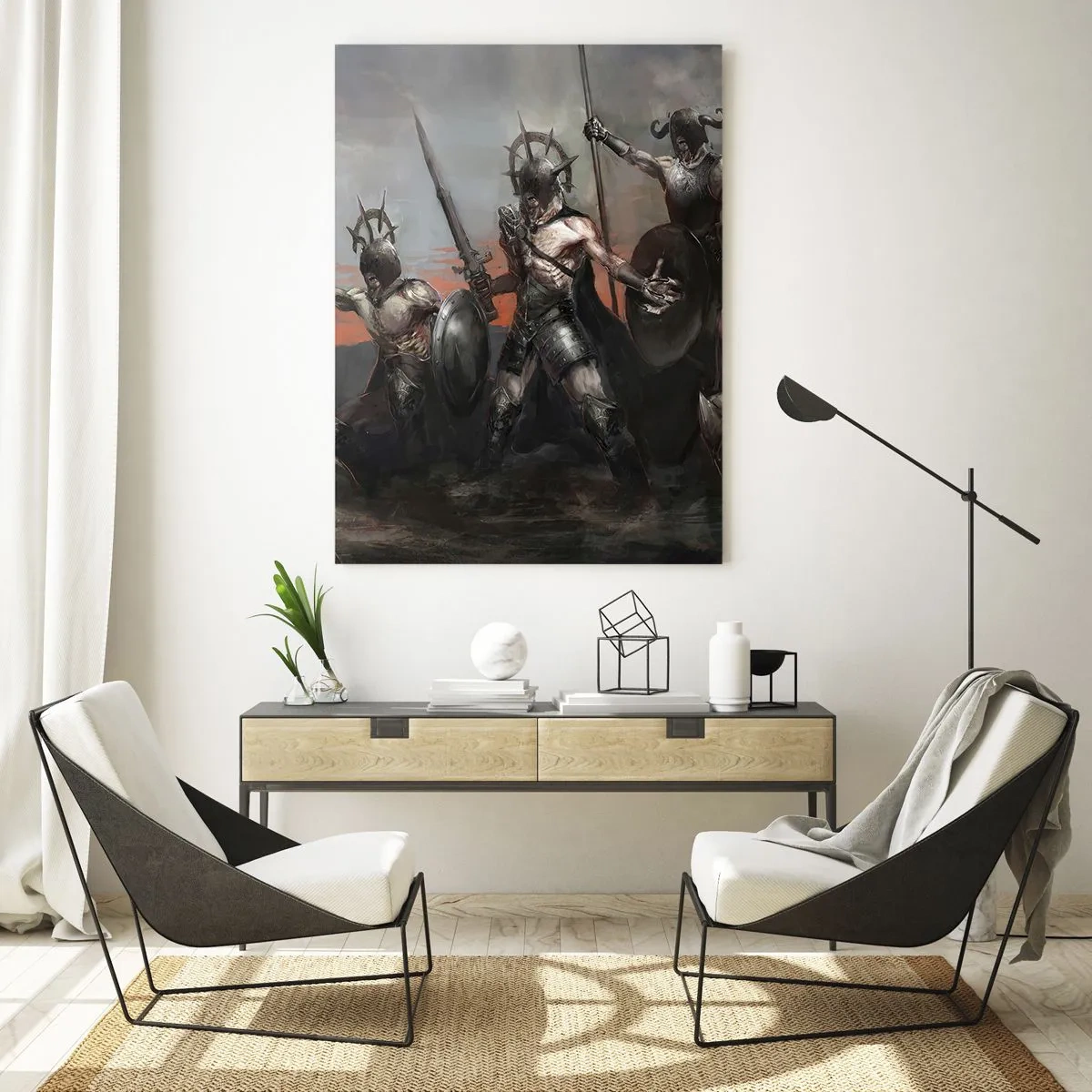 Quadro su vetro - Guerrieri con lance e scudi contro il cielo rosso - 50x70cm - Con lo scudo o sullo scudo - Decorazione murale moderna per soggiorno e camera da letto ARTTOR