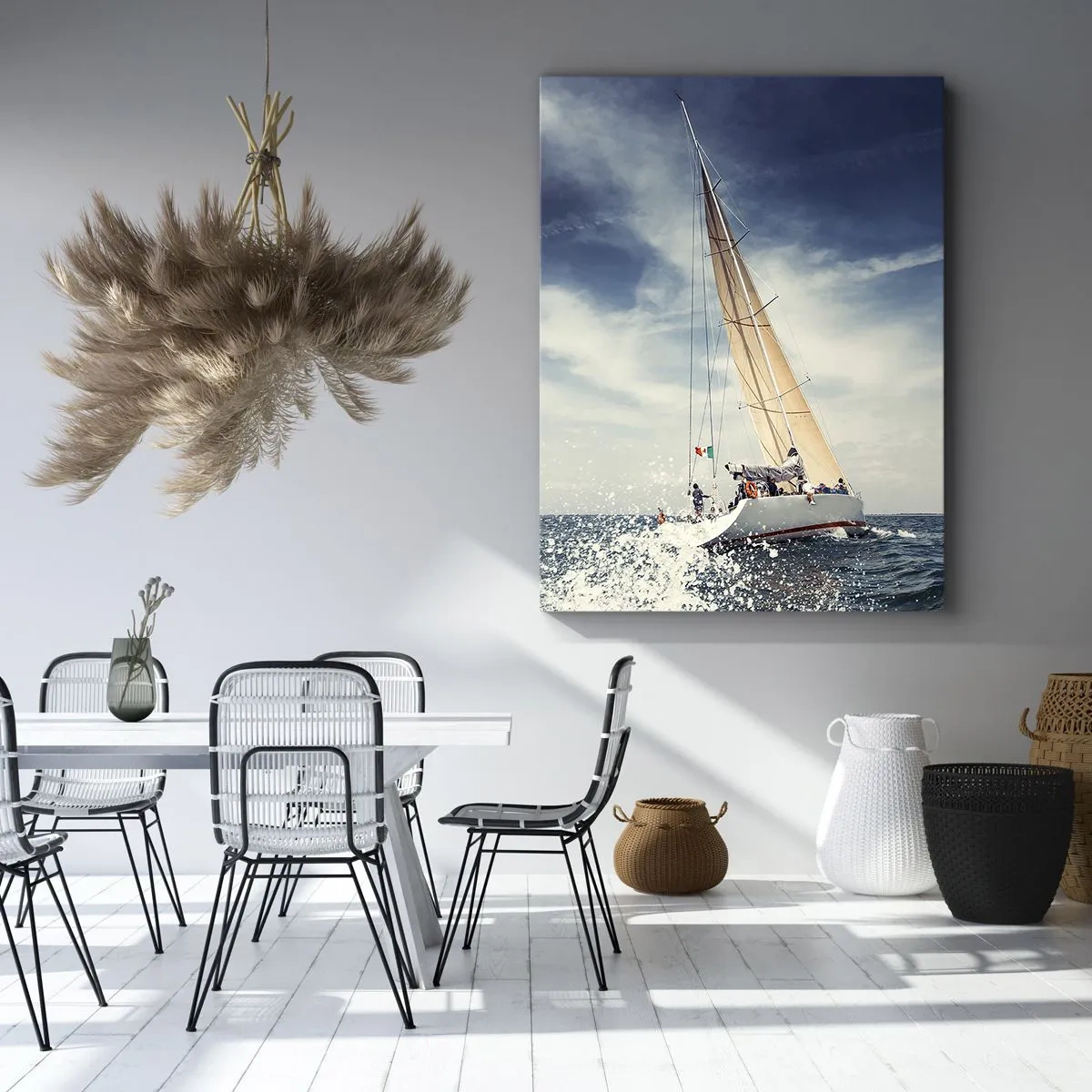 Quadro su tela - Stampe su Tela - Una barca a vela su un mare in tempesta sotto un cielo azzurro - 50x70cm - Non ci raggiungeranno! - Decorazione murale moderna per soggiorno e camera da letto ARTTOR