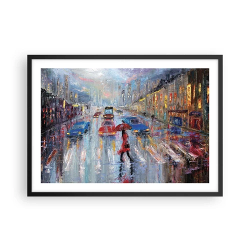 Poster in cornice nera - Una donna con un ombrello in una strada piovosa, illuminata dalle luci al neon. - 70x50cm - Pomeriggio di pioggia in città - Decorazione murale moderna per soggiorno e camera da letto ARTTOR