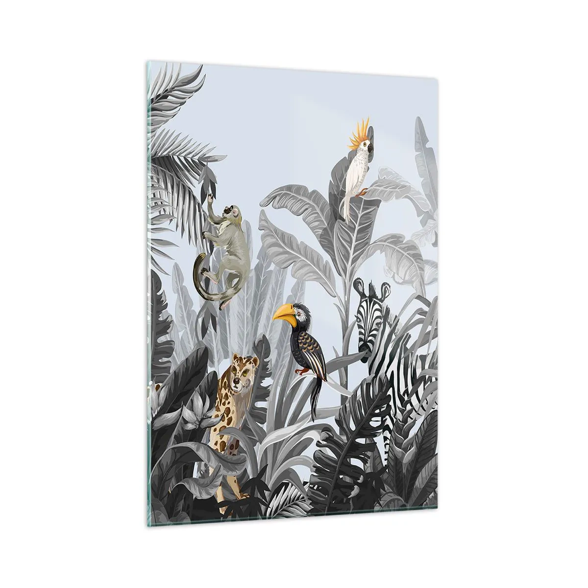 Quadro su vetro - Animali esotici in una giungla in bianco e nero su uno sfondo chiaro - 50x70cm - Favola africana - Decorazione murale moderna per soggiorno e camera da letto ARTTOR