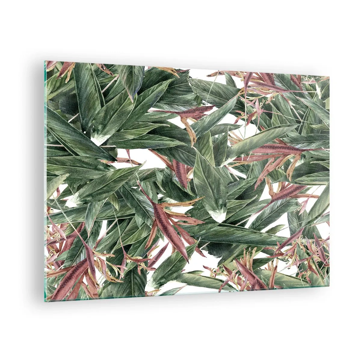 Quadro su vetro - Foglie nei toni del verde e del bordeaux su uno sfondo chiaro - 70x50cm - Macchia smeraldo e lilla - Decorazione murale moderna per soggiorno e camera da letto ARTTOR