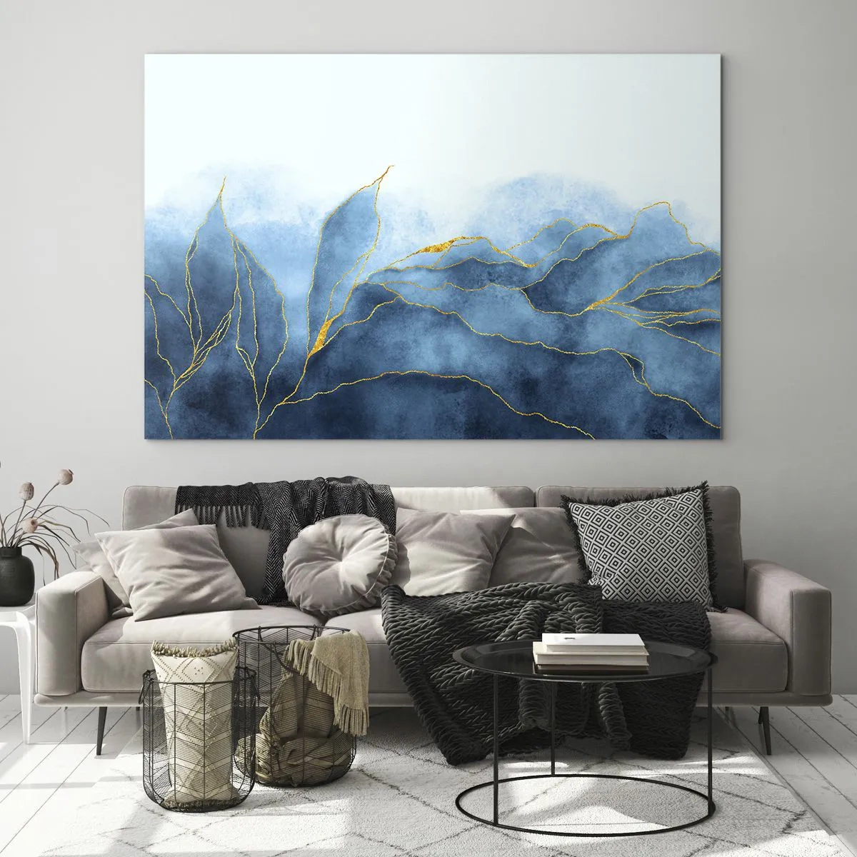 Quadro su vetro - Forme astratte blu con delicate linee dorate. - 70x50cm - Blu nell'oro - Decorazione murale moderna per soggiorno e camera da letto ARTTOR