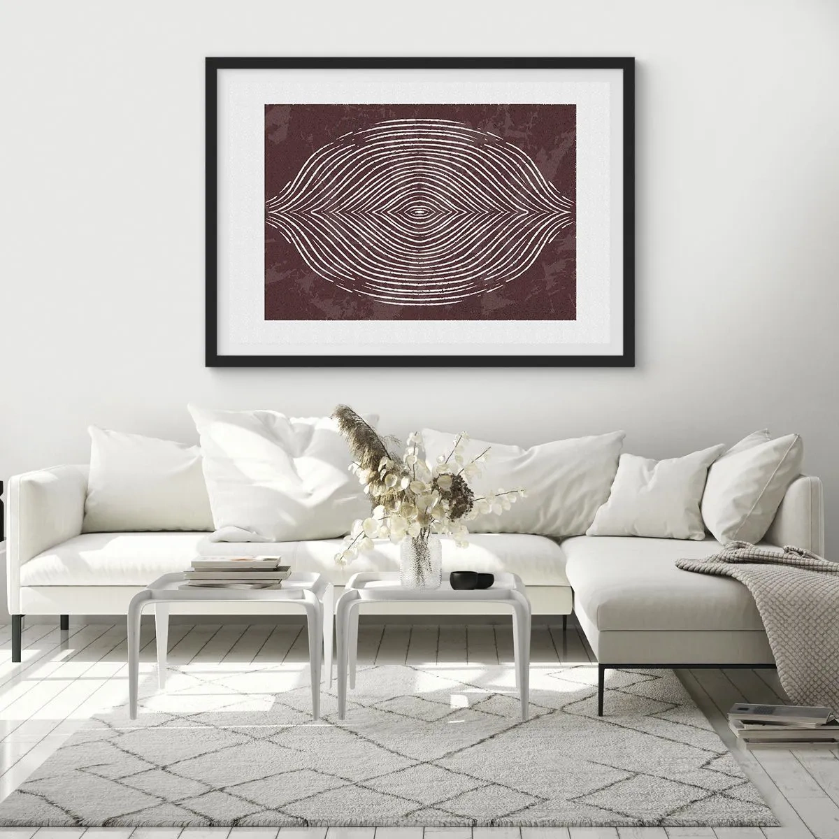Poster in cornice nera - Onde simmetriche in linee bianche su sfondo marrone - 70x50cm - Lo spazio parlante - Decorazione murale moderna per soggiorno e camera da letto ARTTOR