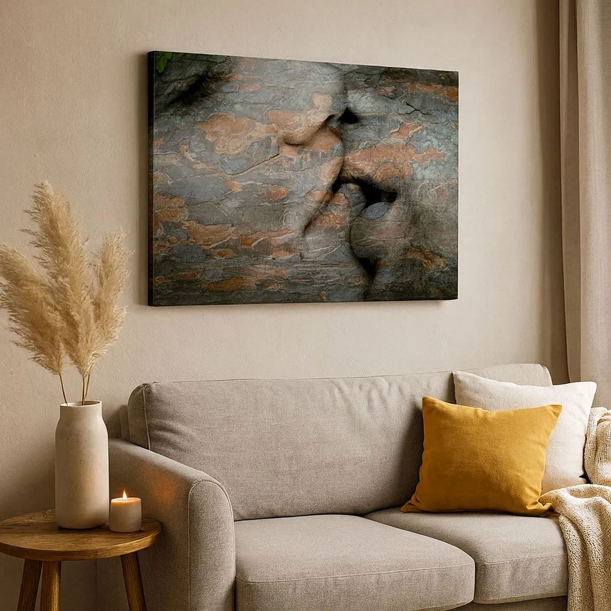 Quadro su tela - Stampe su Tela - Un motivo artistico di un volto scolpito nella roccia con un effetto di texture naturale. - 70x50cm - Insieme per sempre - Decorazione murale moderna per soggiorno e camera da letto ARTTOR