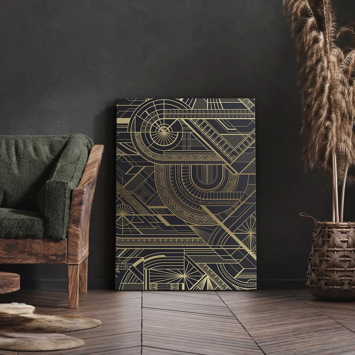 Quadro su tela - Stampe su Tela - Motivi geometrici dorati su sfondo nero in stile Art Déco - 50x70cm - Concetti, idee, progetti - Decorazione murale moderna per soggiorno e camera da letto ARTTOR