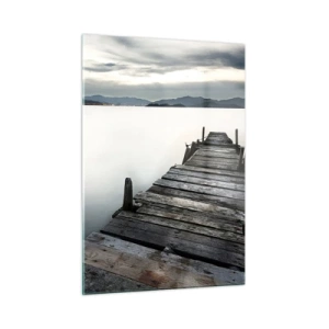 Quadro su vetro - Un molo di legno sullo sfondo di un lago calmo al tramonto - 50x70cm - Immergersi nella tranquillità - Decorazione murale moderna per soggiorno e camera da letto ARTTOR