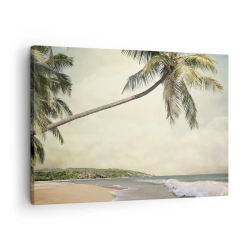 Quadro su tela - Stampe su Tela - Una spiaggia con palme sullo sfondo di un mare calmo - 70x50cm - Sogno tropicale - Decorazione murale moderna per soggiorno e camera da letto ARTTOR