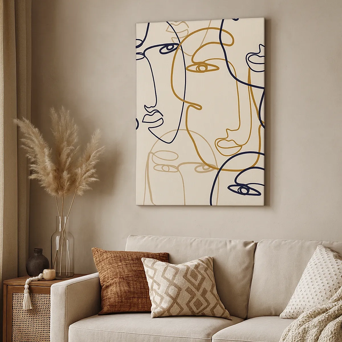 Quadro su tela - Stampe su Tela - Volti minimalisti in stile line art su sfondo chiaro - 50x70cm - Ritratto multiplo - Decorazione murale moderna per soggiorno e camera da letto ARTTOR