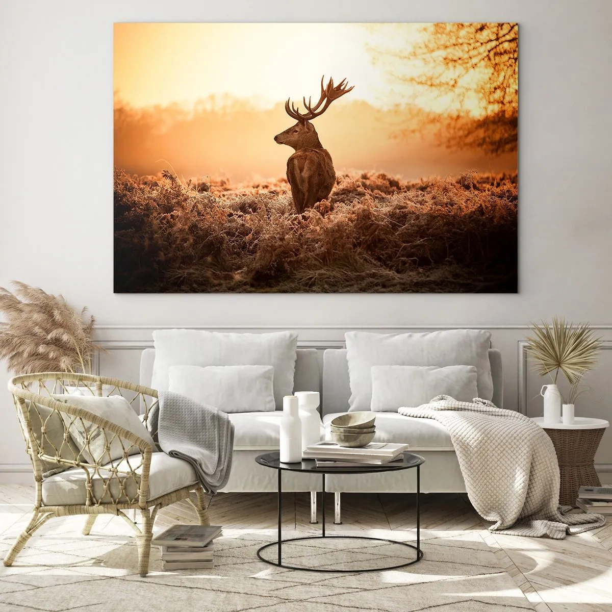 Quadro su vetro - Cervi sullo sfondo di un'alba in un paesaggio naturale - 70x50cm - Il signore sulle sue terre - Decorazione murale moderna per soggiorno e camera da letto ARTTOR