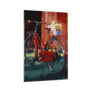 Quadro su vetro - Una bicicletta rossa con fiori contro un muro arancione - 70x100cm - I want to ride my bicycle - Decorazione murale moderna per soggiorno e camera da letto ARTTOR