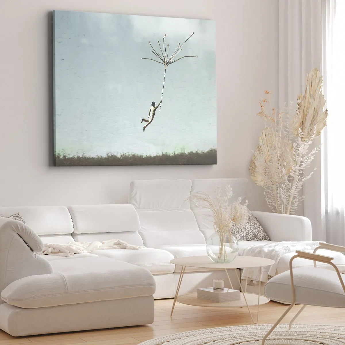 Quadro su tela - Stampe su Tela - Una figura sollevata da un grande seme di tarassaco - 70x50cm - Aquiloni, denti di leone, vento - Decorazione murale moderna per soggiorno e camera da letto ARTTOR