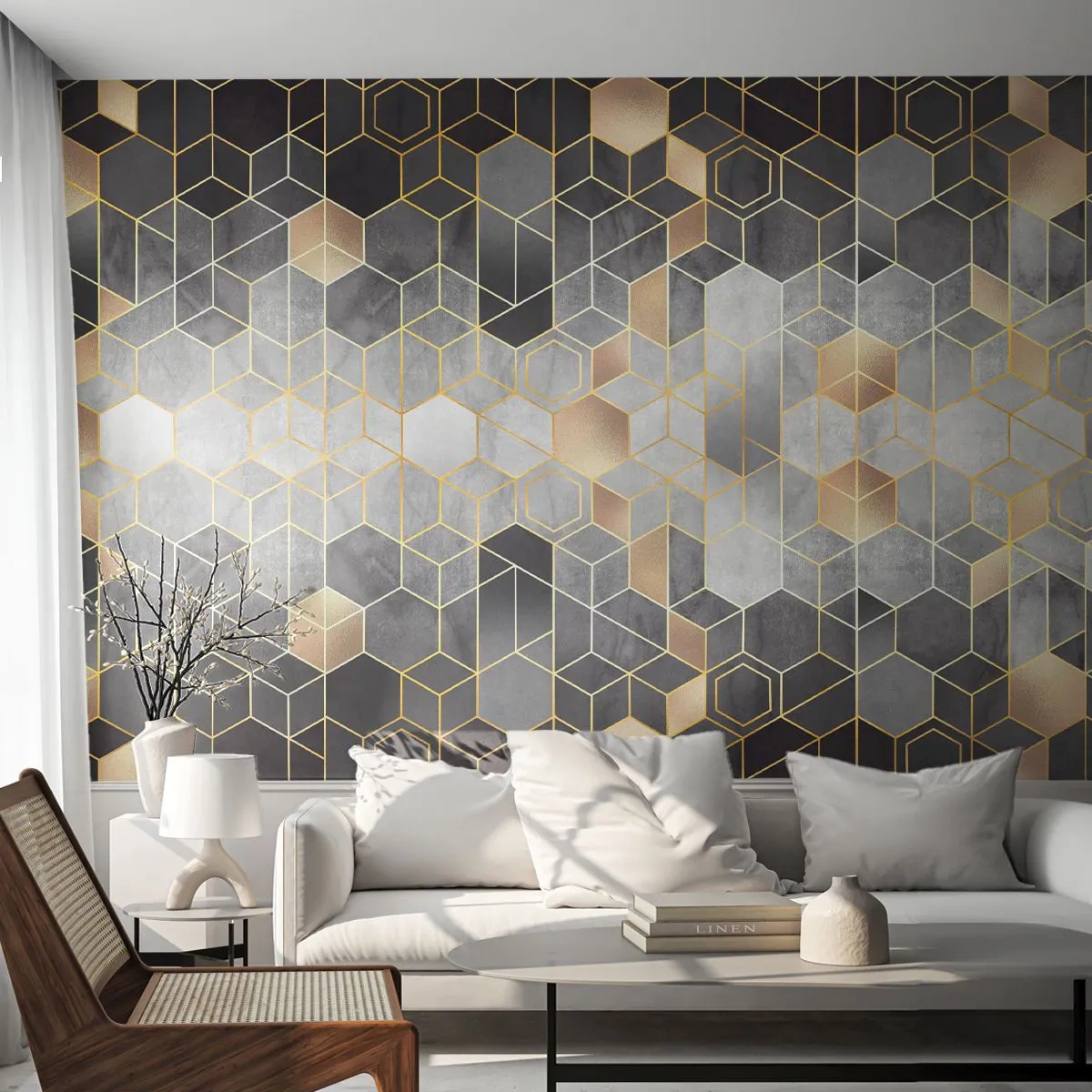 Fotomurali Premium Sand - Motivi geometrici dorati su sfondo scuro - 100x70cm - Composizione di diamante - Decorazione murale moderna per soggiorno e camera da letto ARTTOR