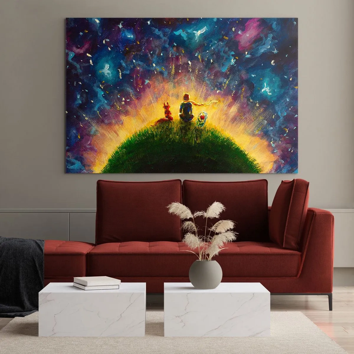Quadro su vetro - Una figura con una volpe su un pianeta sotto un cielo stellato - 100x70cm - Amore e amicizia: l'intero mondo - Decorazione murale moderna per soggiorno e camera da letto ARTTOR