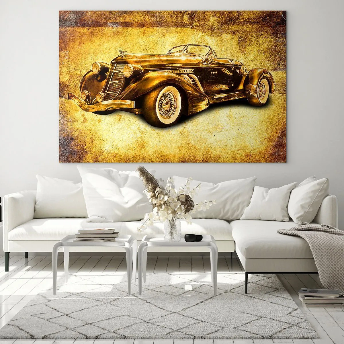 Quadro su vetro - Auto decappottabile d'epoca su uno sfondo d'epoca - 120x80cm - La crème de la crème - Decorazione murale moderna per soggiorno e camera da letto ARTTOR