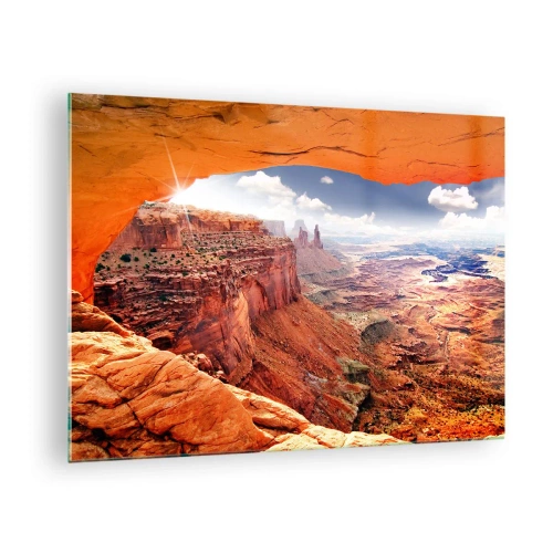 Quadro su vetro - Vista del canyon attraverso un arco di roccia con raggi di sole - 70x50cm - Scolpiti dalla natura - Decorazione murale moderna per soggiorno e camera da letto ARTTOR