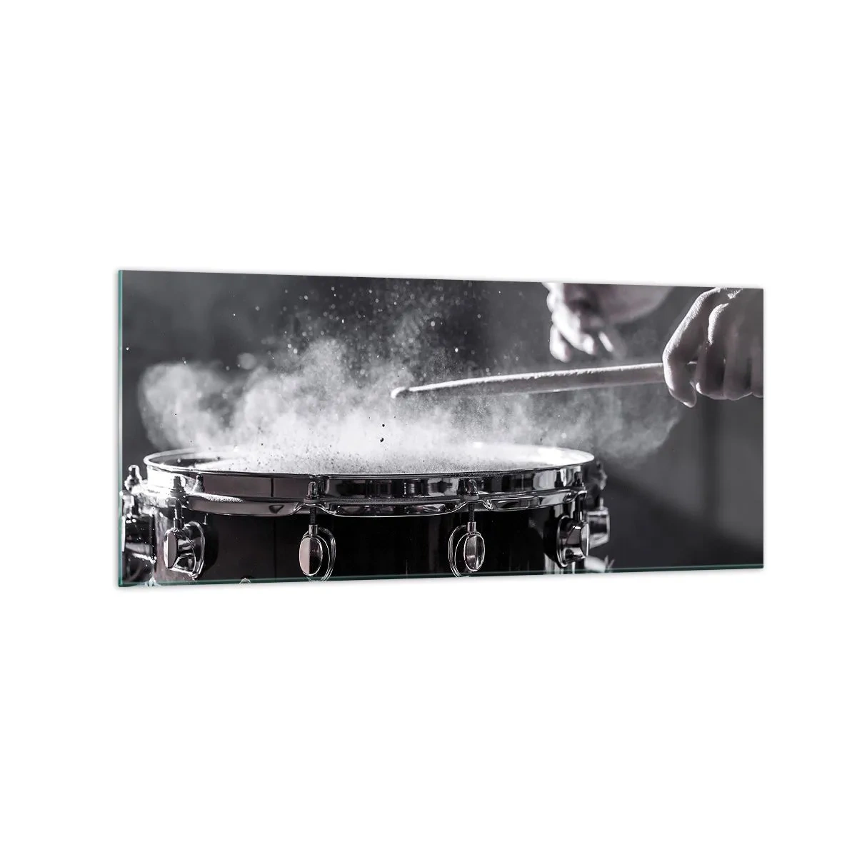 Quadro su vetro - Colpire il rullante con le bacchette con effetto polvere - 120x50cm - Il polso della musica - Decorazione murale moderna per soggiorno e camera da letto ARTTOR