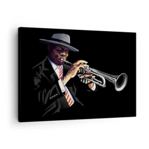 Quadro su tela - Stampe su Tela - Un musicista che suona la tromba su uno sfondo nero - 70x50cm - Il fascino della Old School - Decorazione murale moderna per soggiorno e camera da letto ARTTOR