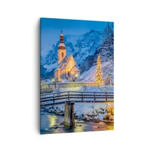 Quadro su tela - Stampe su Tela - Paesaggio invernale con una chiesa, un ponte e montagne al tramonto - 50x70cm - Lo spirito di Natale - Decorazione murale moderna per soggiorno e camera da letto ARTTOR